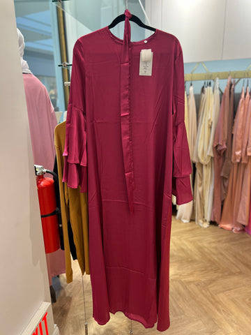 Long sleeve satin dress w/ Belt -Fuchsia