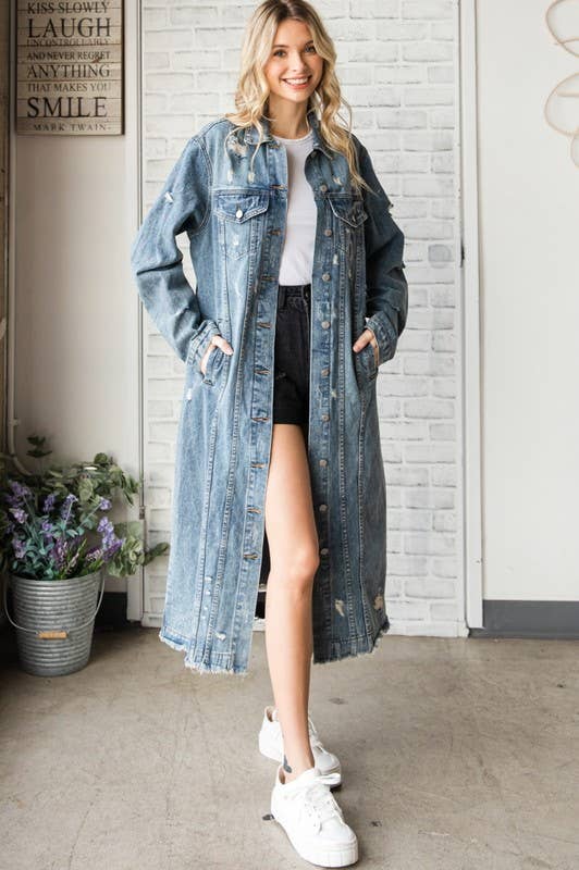 LONG SLEEVE DESTROYED DENIM LONG JACKET: MED WASH / M