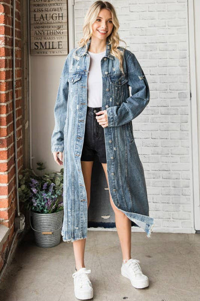 LONG SLEEVE DESTROYED DENIM LONG JACKET: MED WASH / L