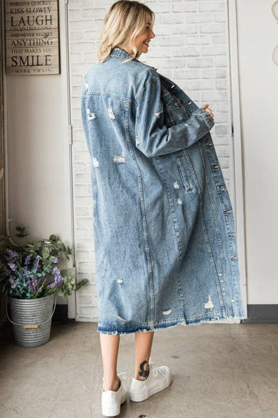 LONG SLEEVE DESTROYED DENIM LONG JACKET: MED WASH / L