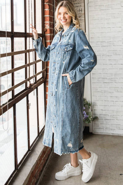 LONG SLEEVE DESTROYED DENIM LONG JACKET: MED WASH / M