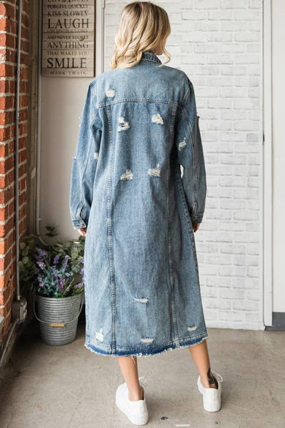 LONG SLEEVE DESTROYED DENIM LONG JACKET: MED WASH / M