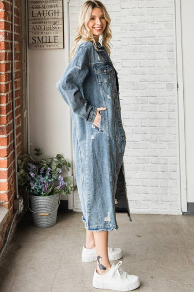 LONG SLEEVE DESTROYED DENIM LONG JACKET: MED WASH / M