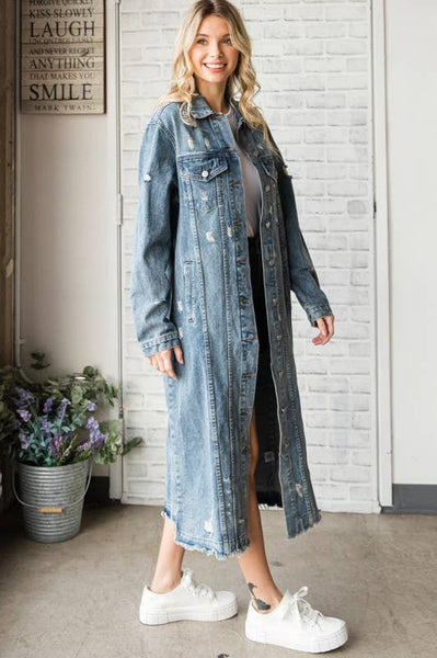 LONG SLEEVE DESTROYED DENIM LONG JACKET: MED WASH / L